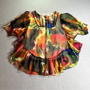 DVF Diane Von Furstenberg Silk Abstract Peplum Blouse Sheer ~US 4 S Colorful